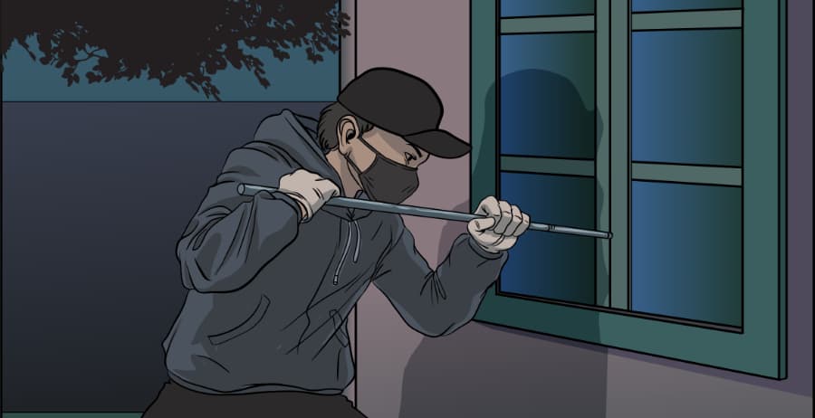 Illustration of burglar forcing entry through a window in Eau Claire