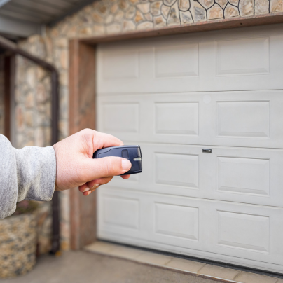 Eau Claire security key fob pointing to a garage door